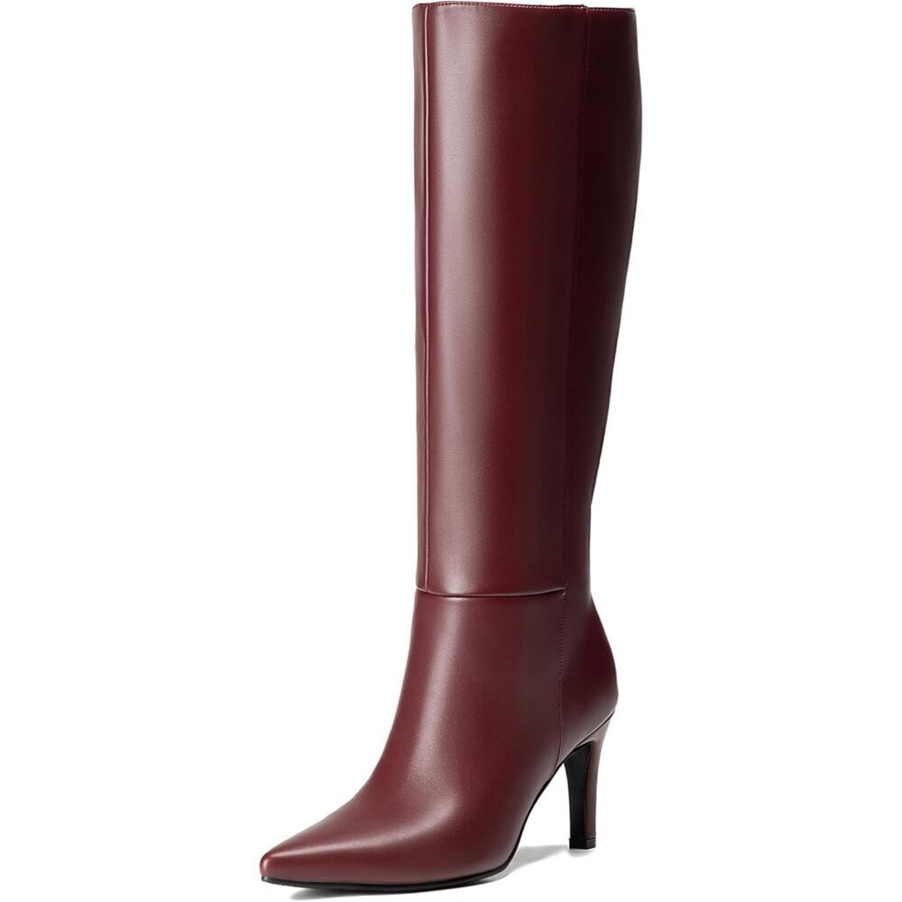 Women's Burgundy Leather Pointed Toe Stiletto Heel Side Zipper Knee High Boots